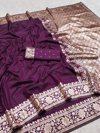 Wine Purple Silk Saree with Gold Floral Woven Border & Rich Pallu