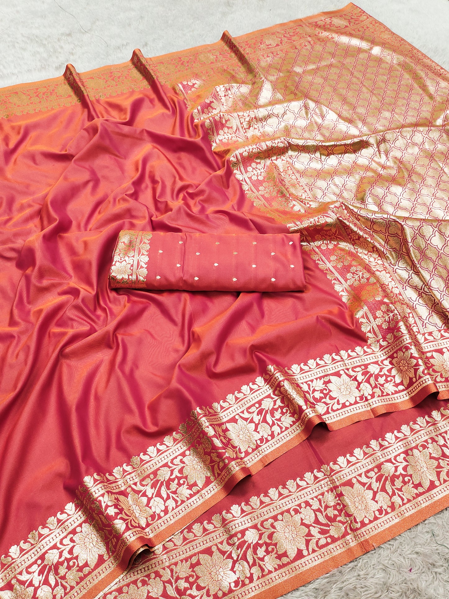 Peach Pink Silk Saree with Rich Golden Floral Border & Elegant Woven Pallu
