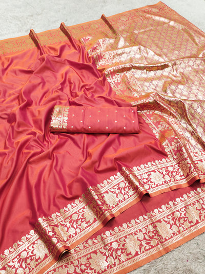Peach Pink Silk Saree with Rich Golden Floral Border & Elegant Woven Pallu