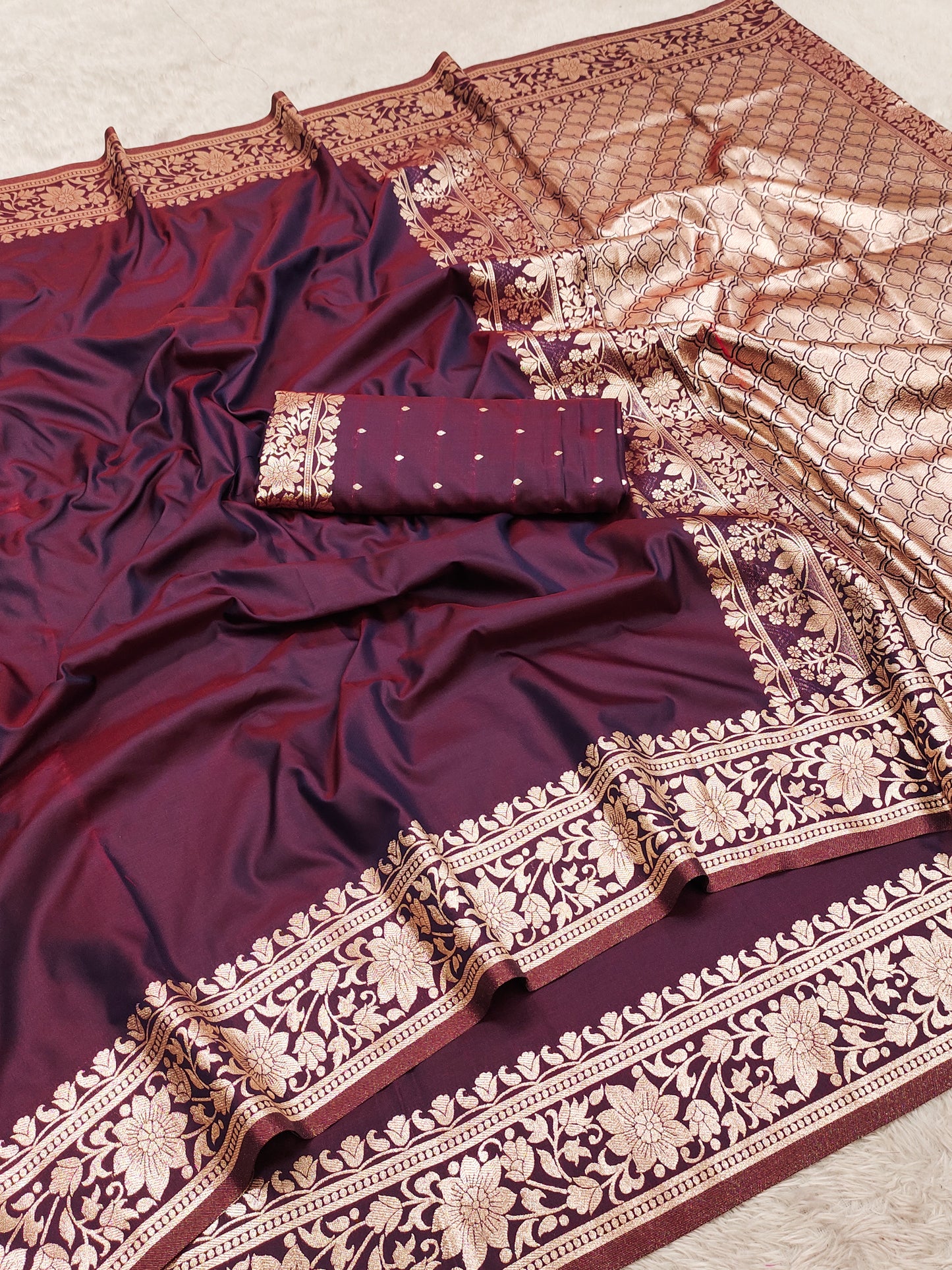 Royal Wine Silk Saree with Heavy Gold Floral Border & Classic Woven Pallu
