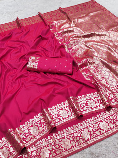 Royal Rani Pink Silk Saree with Antique Gold Floral Border & Classic Woven Pallu