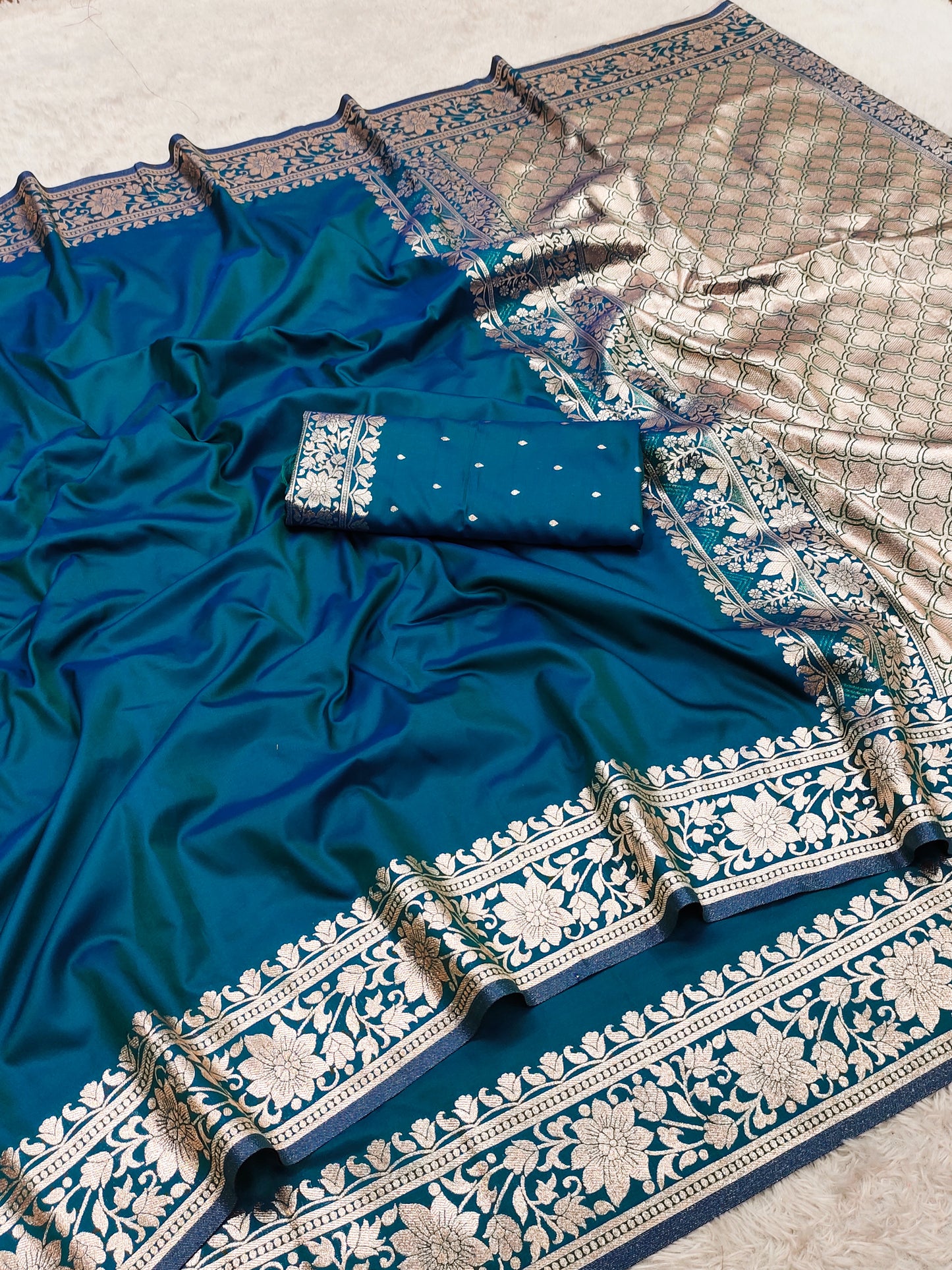 Teal Blue Silk Saree with Heavy Silver Floral Border & Elegant Woven Pallu