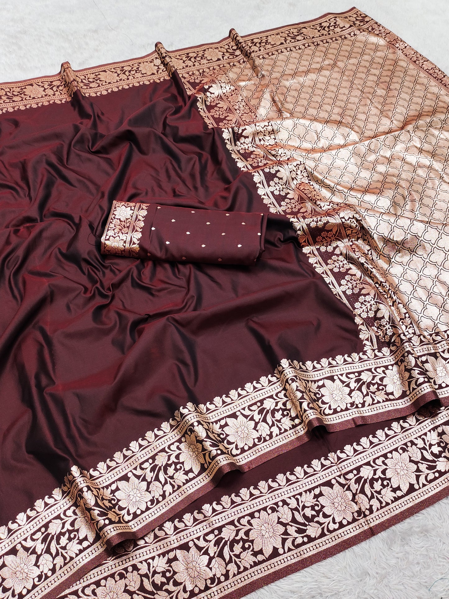 Wine Maroon Silk Saree with Heavy Gold Floral Border & Classic Woven Pallu
