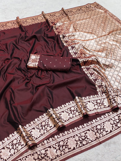 Wine Maroon Silk Saree with Heavy Gold Floral Border & Classic Woven Pallu