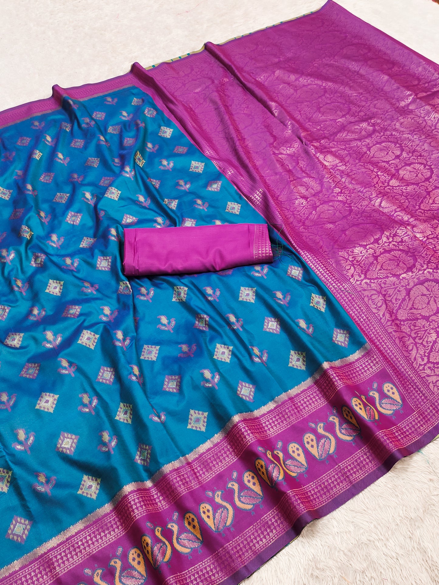 Teal Blue & Royal Purple Woven Silk Saree with Peacock Zari Border and Rich Brocade Pallu