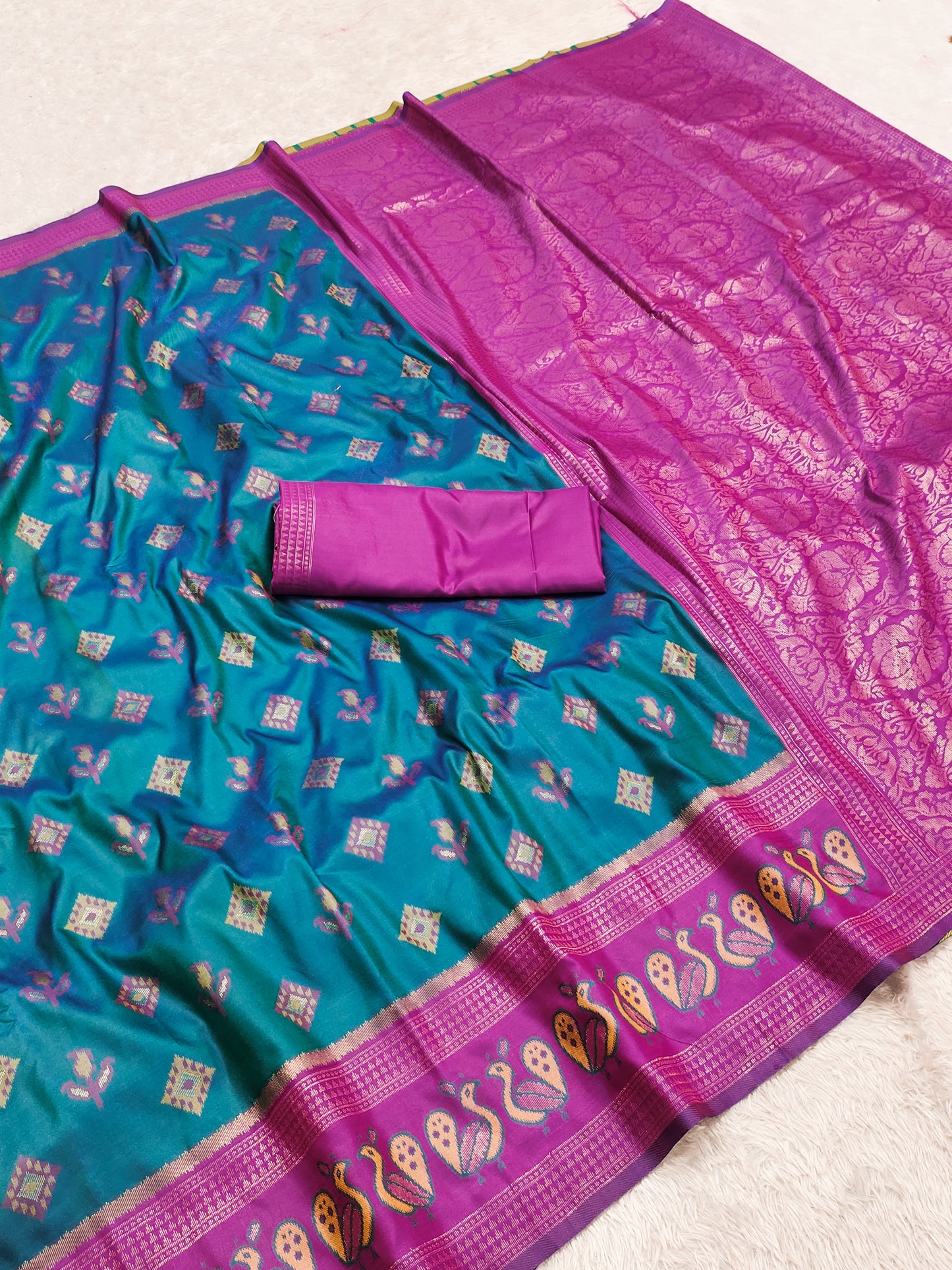 Teal Green & Magenta Purple Woven Silk Saree with Peacock Zari Border and Rich Brocade Pallu