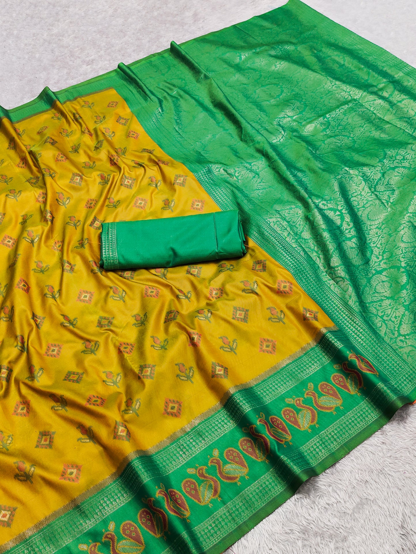Mustard Yellow & Emerald Green Woven Silk Saree with Peacock Zari Border and Rich Brocade Pallu