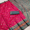 Rani Pink Woven Silk Saree with Bottle Green Peacock Zari Border and Rich Brocade Pallu