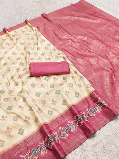 Ivory Cream & Rani Pink Woven Silk Saree with Peacock Zari Border and Rich Brocade Pallu