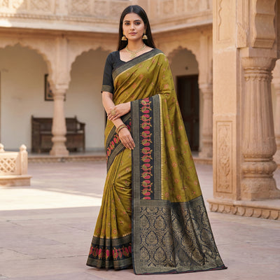 Olive Green Woven Silk Saree with Black Antique Zari Border & Rich Pallu