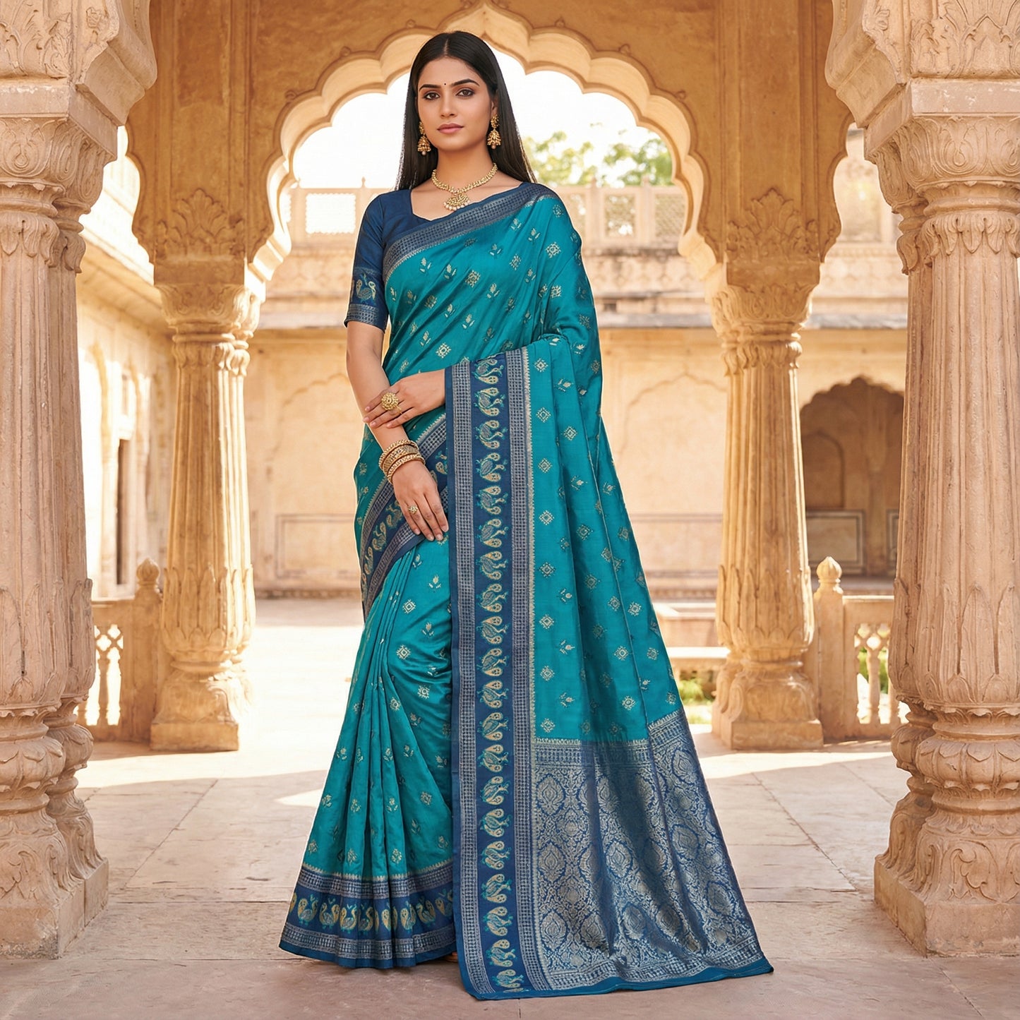 Teal Blue Woven Silk Saree with Navy Zari Peacock Border & Rich Brocade Pallu