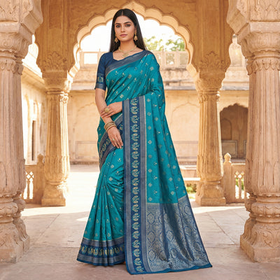 Teal Blue Woven Silk Saree with Navy Zari Peacock Border & Rich Brocade Pallu