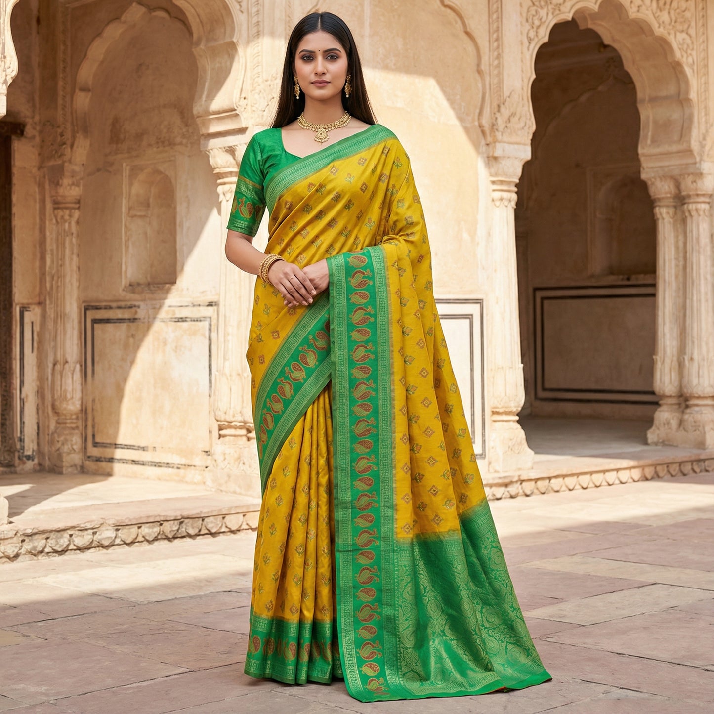 Mustard Yellow & Emerald Green Woven Silk Saree with Peacock Zari Border and Rich Brocade Pallu