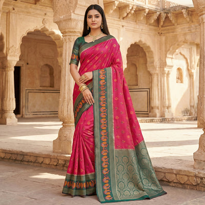 Rani Pink Woven Silk Saree with Bottle Green Peacock Zari Border and Rich Brocade Pallu