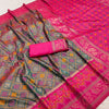 Charcoal Grey Luxury Silk Saree with Rani Pink Banarasi Border & Multicolour Geometric Weave