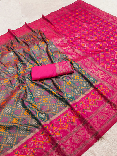 Charcoal Grey Luxury Silk Saree with Rani Pink Banarasi Border & Multicolour Geometric Weave