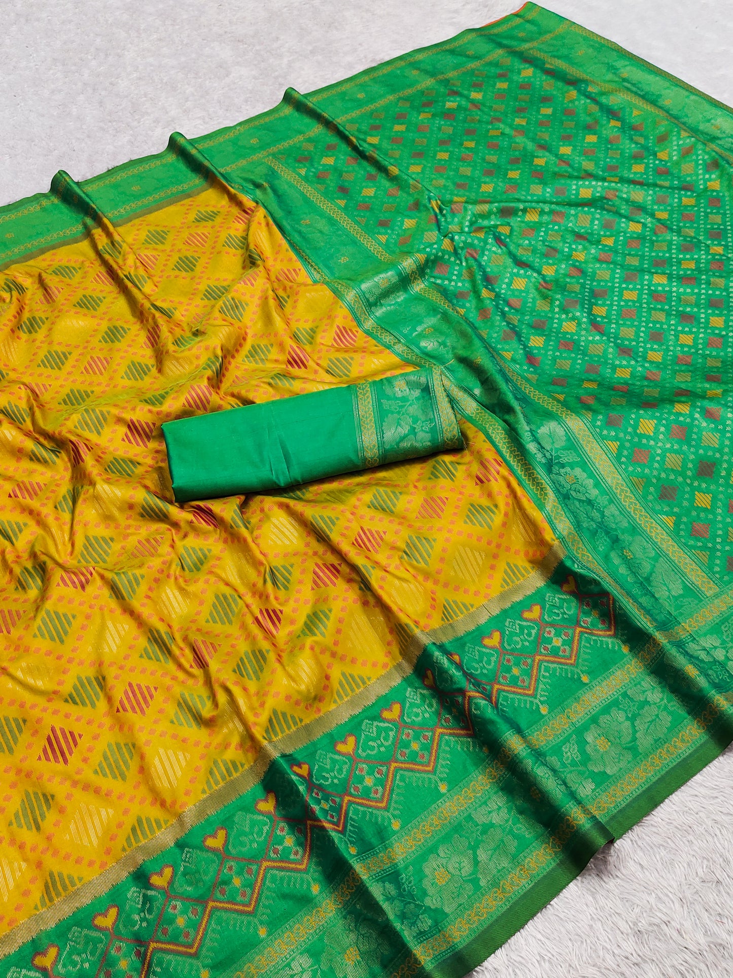 Mustard Yellow Luxury Silk Saree with Emerald Green Banarasi Border & Multicolour Geometric Weave