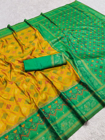 Mustard Yellow Luxury Silk Saree with Emerald Green Banarasi Border & Multicolour Geometric Weave