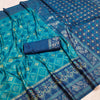 Teal Blue Luxury Silk Saree with Navy Blue Banarasi Border & Multicolour Geometric Weave