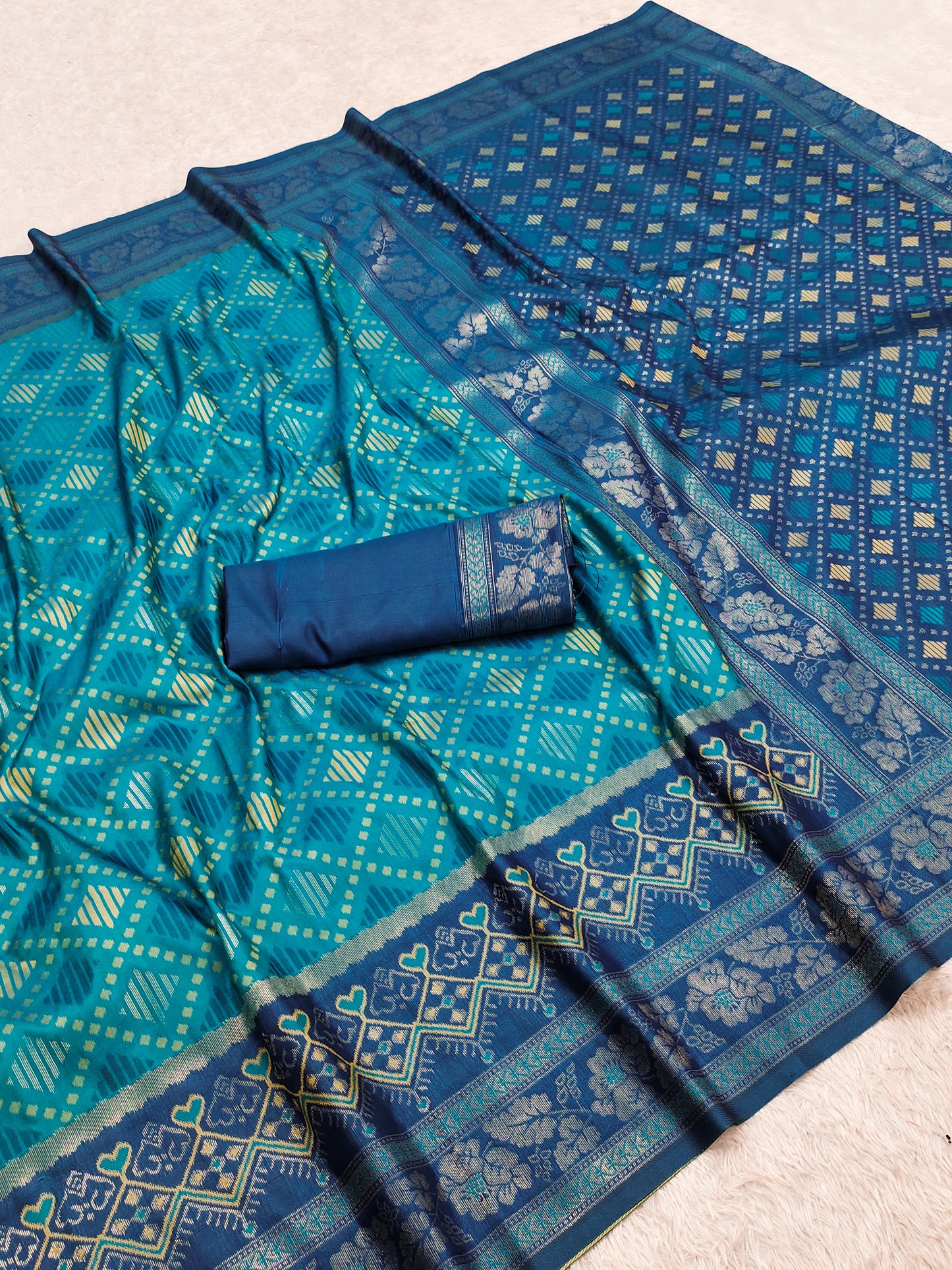 Teal Blue Luxury Silk Saree with Navy Blue Banarasi Border & Multicolour Geometric Weave