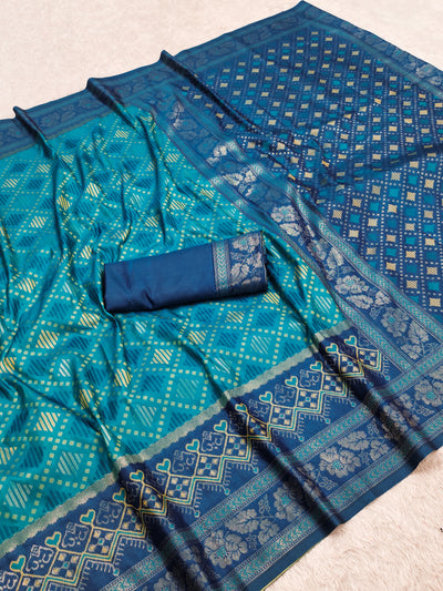 Teal Blue Luxury Silk Saree with Navy Blue Banarasi Border & Multicolour Geometric Weave