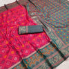 Rani Pink Luxury Silk Saree with Bottle Green Banarasi Border & Multicolour Geometric Weave