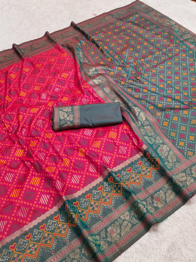 Rani Pink Luxury Silk Saree with Bottle Green Banarasi Border & Multicolour Geometric Weave
