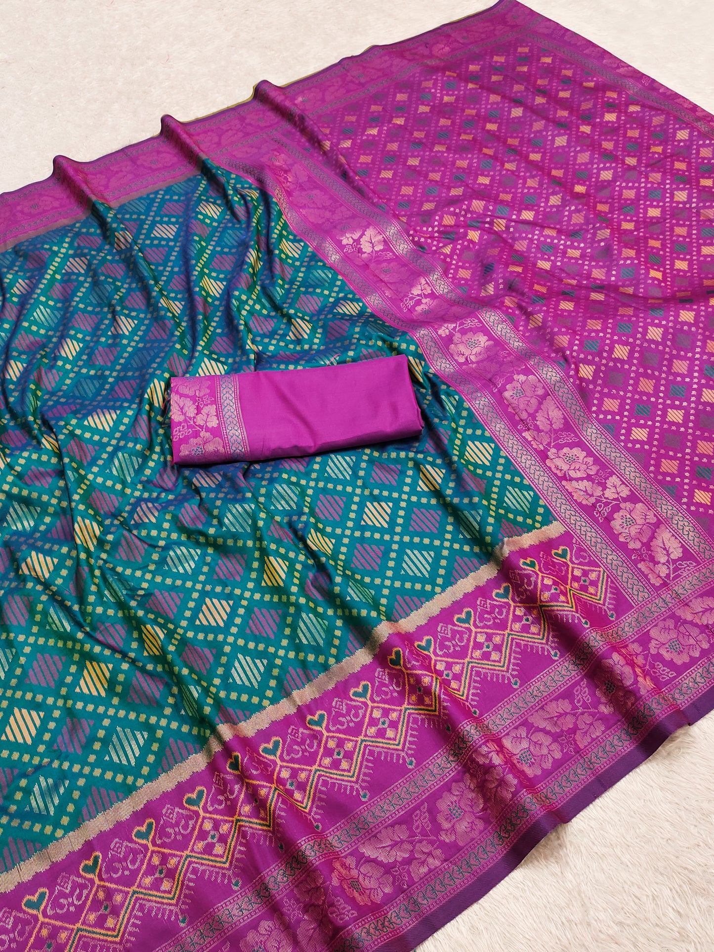Teal Green Luxury Silk Saree with Magenta Purple Banarasi Border & Multicolour Geometric Weave