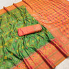 Parrot Green Luxury Silk Saree with Peach Orange Banarasi Border & Multicolour Geometric Weave