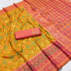Mustard Yellow Luxury Silk Saree with Coral Pink Banarasi Border & Multicolour Geometric Weave