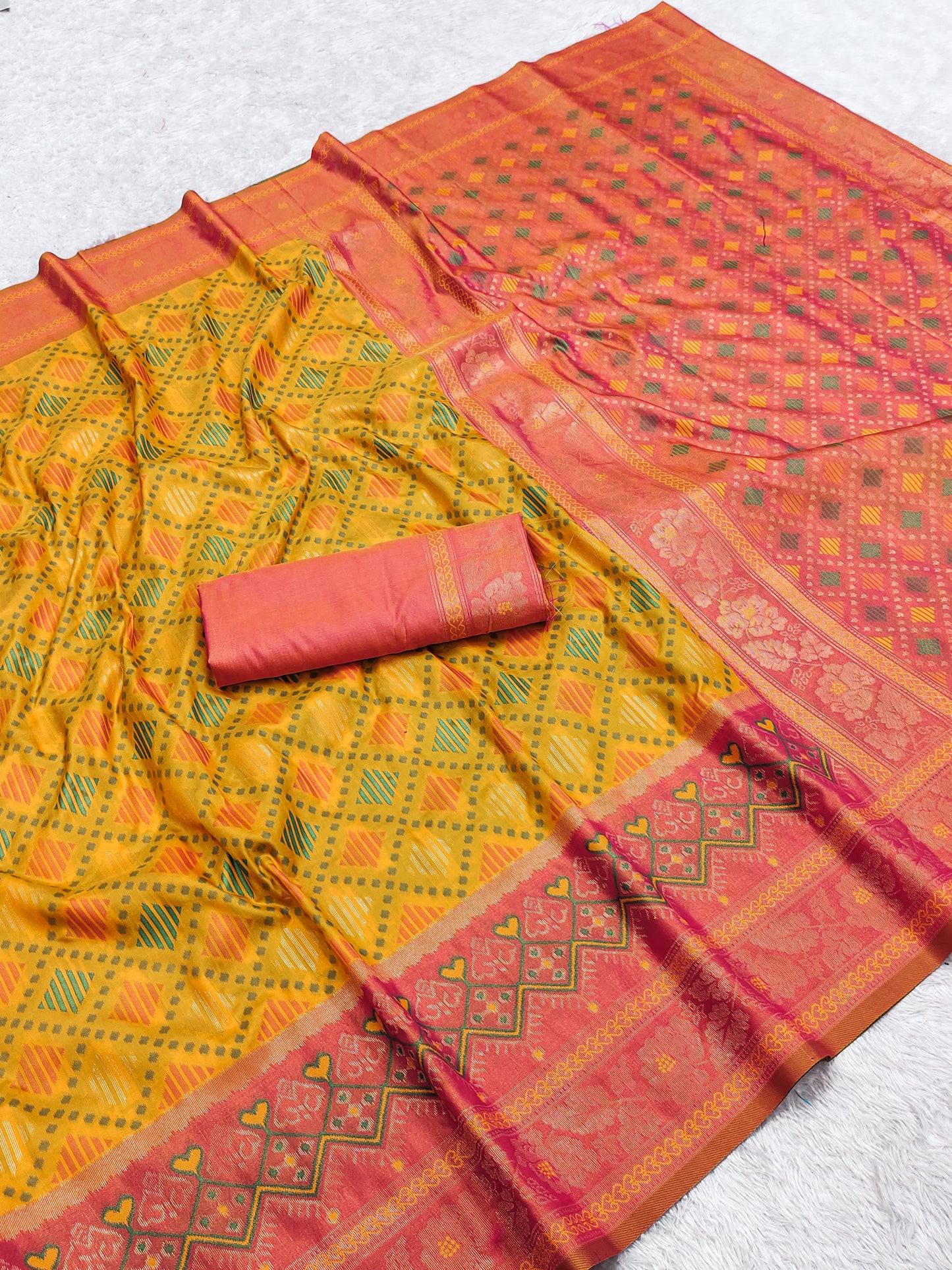 Mustard Yellow Luxury Silk Saree with Coral Pink Banarasi Border & Multicolour Geometric Weave