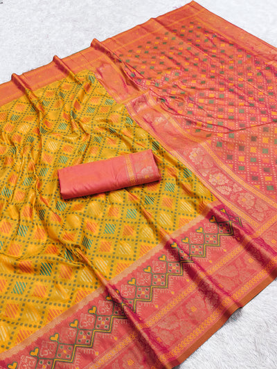 Mustard Yellow Luxury Silk Saree with Coral Pink Banarasi Border & Multicolour Geometric Weave