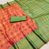 Burnt Orange Luxury Silk Saree with Leaf Green Banarasi Border & Multicolour Geometric Weave