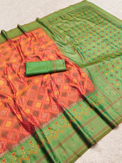 Burnt Orange Luxury Silk Saree with Leaf Green Banarasi Border & Multicolour Geometric Weave