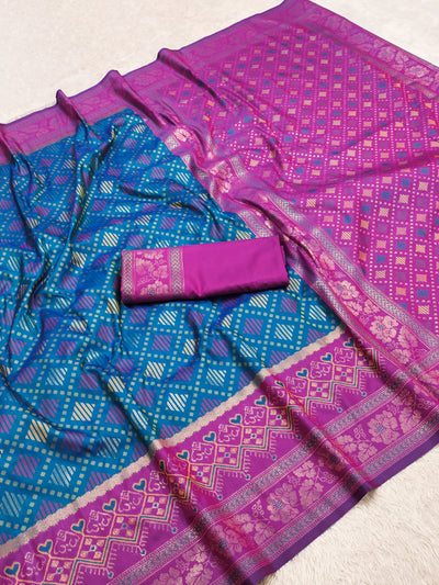 Teal Blue Luxury Silk Saree with Royal Purple Banarasi Border & Multicolour Geometric Weave