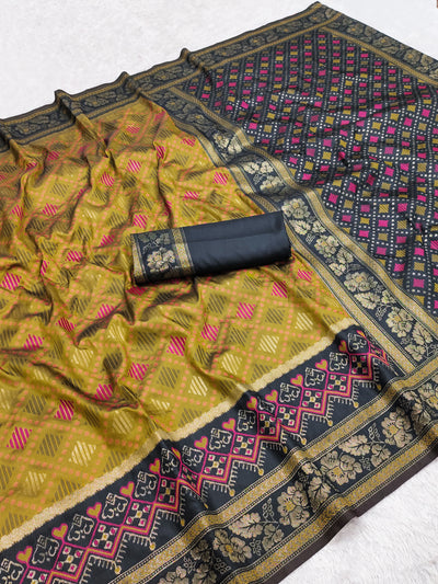 Olive Mustard Luxury Silk Saree with Charcoal Black Banarasi Border & Multicolour Geometric Weave