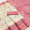 Ivory Cream Luxury Silk Saree with Rose Pink Banarasi Border & Multicolour Geometric Weave