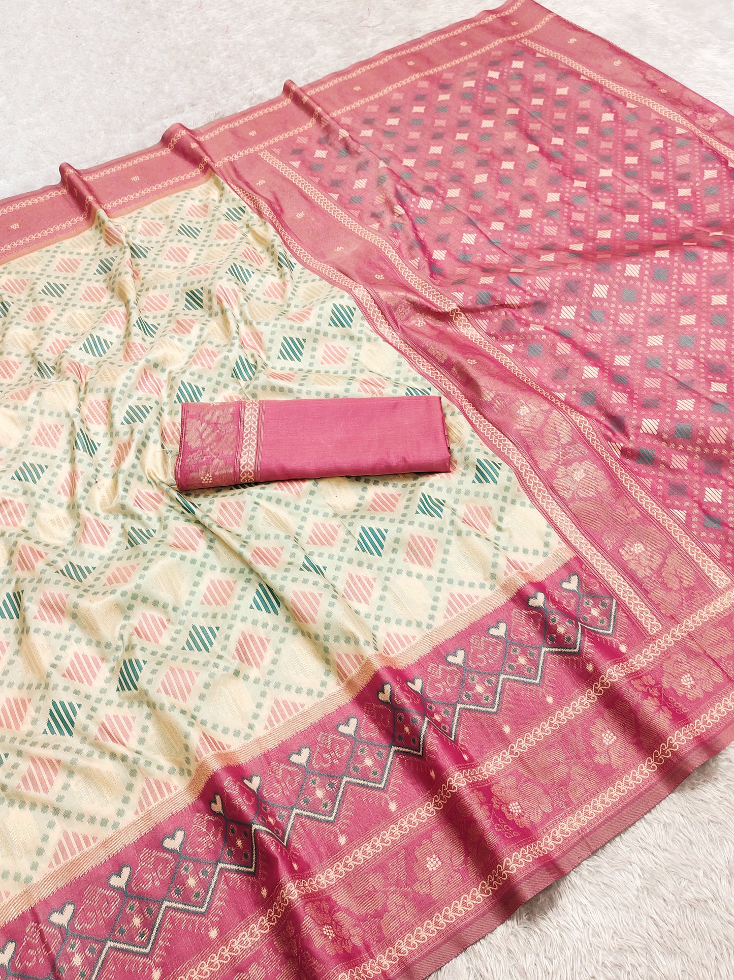 Ivory Cream Luxury Silk Saree with Rose Pink Banarasi Border & Multicolour Geometric Weave