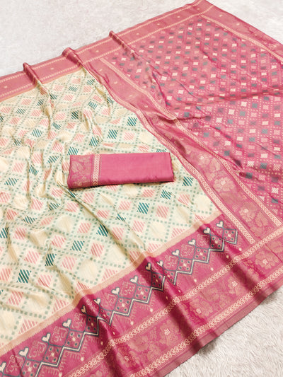 Ivory Cream Luxury Silk Saree with Rose Pink Banarasi Border & Multicolour Geometric Weave