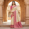 Ivory Cream Luxury Silk Saree with Rose Pink Banarasi Border & Multicolour Geometric Weave