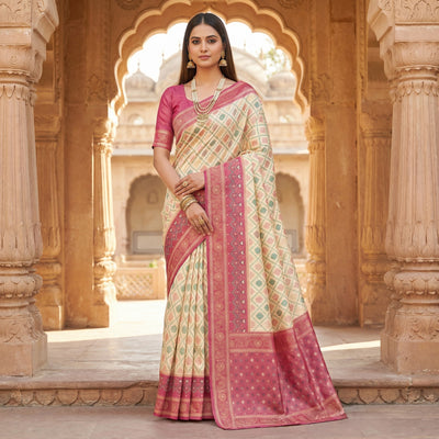 Ivory Cream Luxury Silk Saree with Rose Pink Banarasi Border & Multicolour Geometric Weave