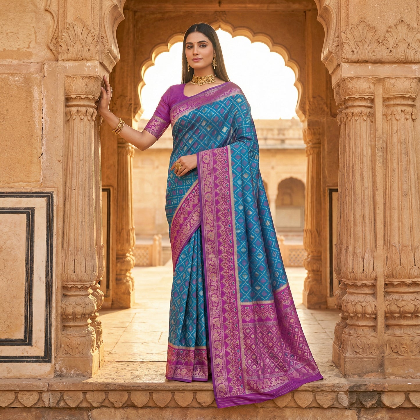 Teal Blue Luxury Silk Saree with Royal Purple Banarasi Border & Multicolour Geometric Weave