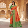 Burnt Orange Luxury Silk Saree with Leaf Green Banarasi Border & Multicolour Geometric Weave