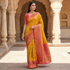 Mustard Yellow Luxury Silk Saree with Coral Pink Banarasi Border & Multicolour Geometric Weave