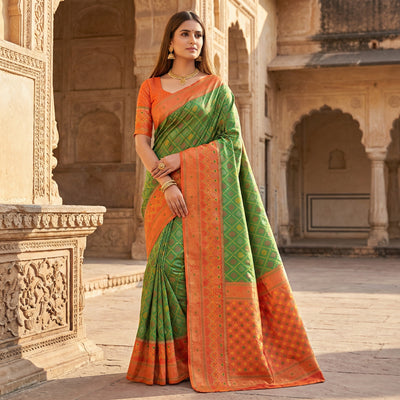 Parrot Green Luxury Silk Saree with Peach Orange Banarasi Border & Multicolour Geometric Weave