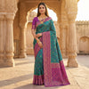 Teal Green Luxury Silk Saree with Magenta Purple Banarasi Border & Multicolour Geometric Weave