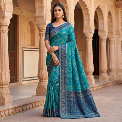 Teal Blue Luxury Silk Saree with Navy Blue Banarasi Border & Multicolour Geometric Weave