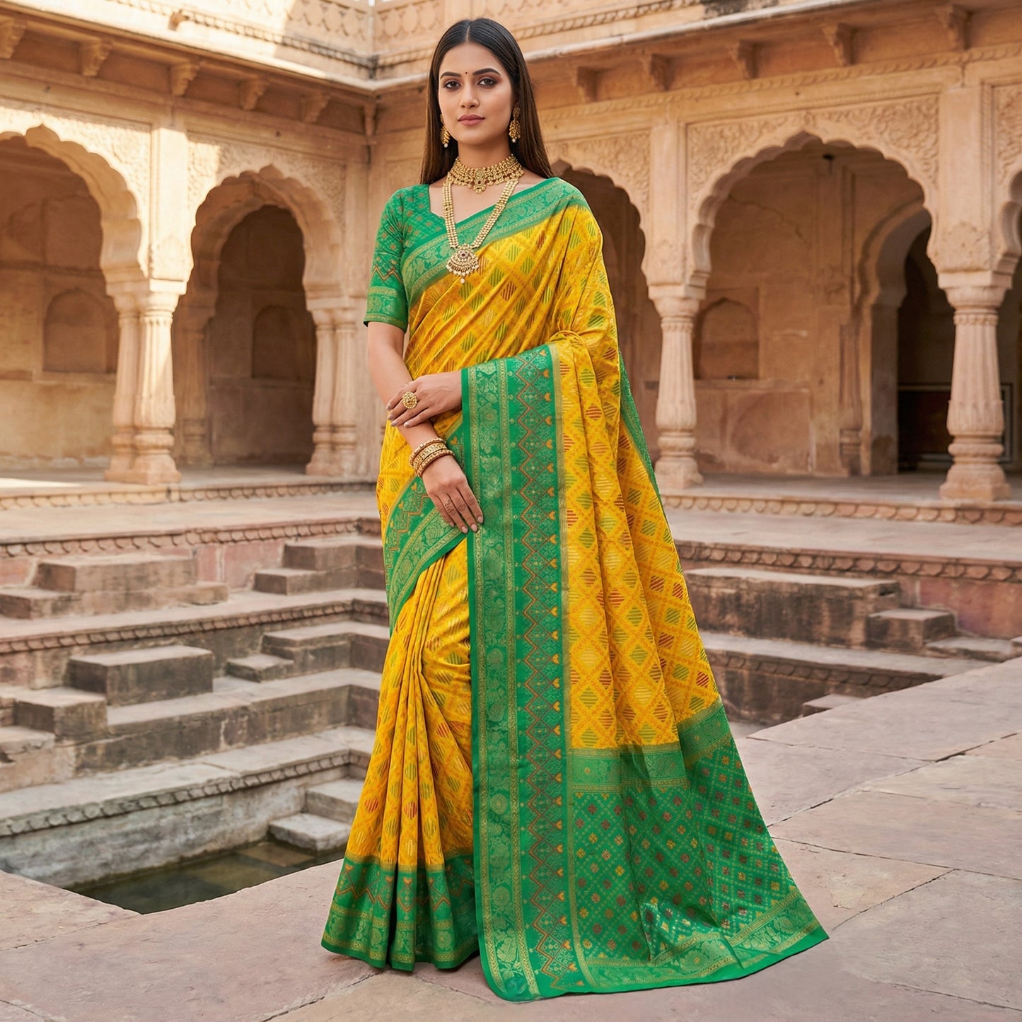 Mustard Yellow Luxury Silk Saree with Emerald Green Banarasi Border & Multicolour Geometric Weave