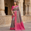 Charcoal Grey Luxury Silk Saree with Rani Pink Banarasi Border & Multicolour Geometric Weave