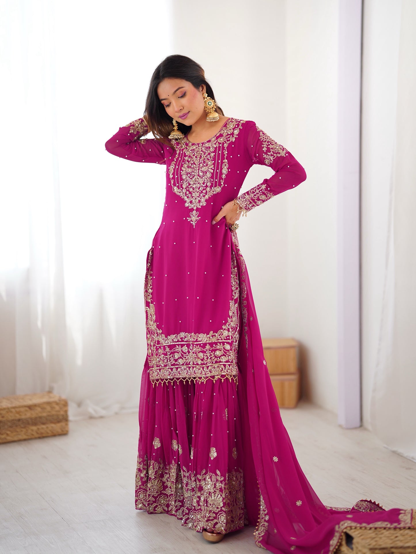 Designer Heavy Embroidered Kurta Sharara Suit Set with Dupatta | 10 Color Options
